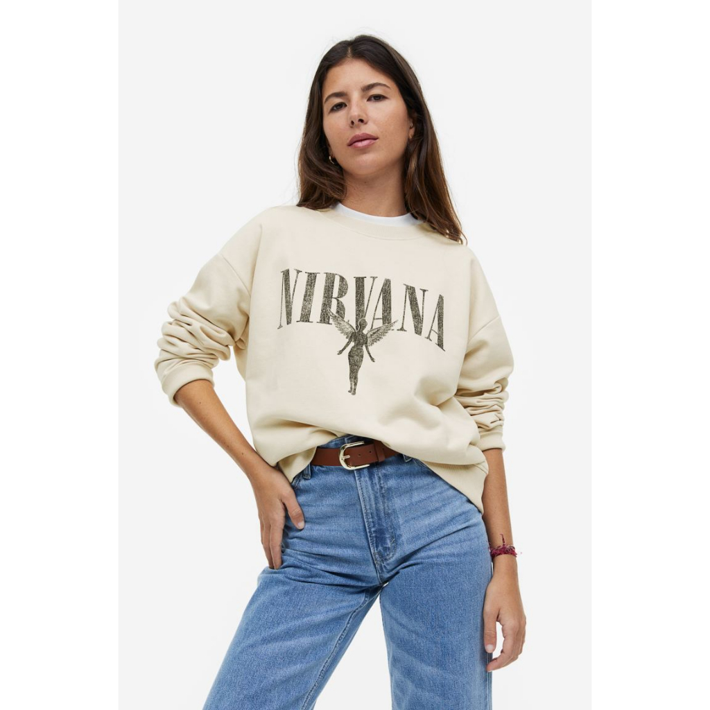 Crewneck H&amp;M NIRVANA IN UTERO Soft Cream Sweater Wanita HnM