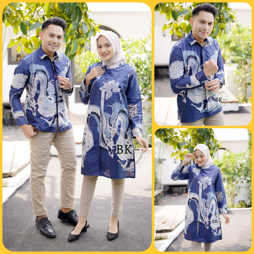 BATIK COUPLE MODERN MOTIF BANYUMILI NAVI KEMEJA &amp; TUNIK BOLERO RESLETING BELAKANG BATIK ATASAN BATIK WANITA BATIK PRIA