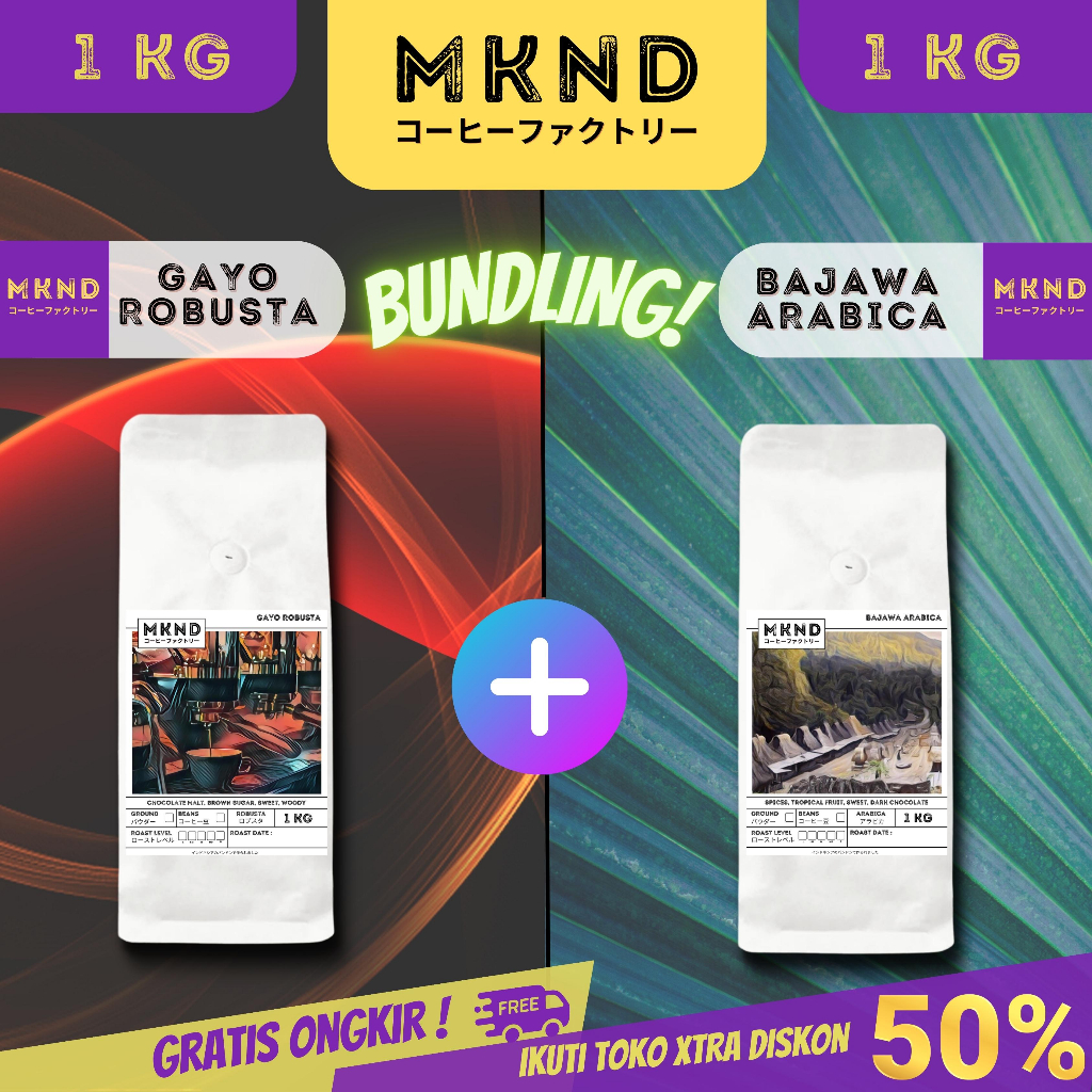 

MKND® BUNDLING HEMAT 2X1KG KOPI ROBUSTA ACEH GAYO +ARABIKA FLORES BAJAWA GRADE 1PROMO DISCON | BIJI BUBUK | SINGLE ORIGIN | PREMIUM COFFE | ROASTED BEANS | MANUAL BREW | COFFE ROASTERY