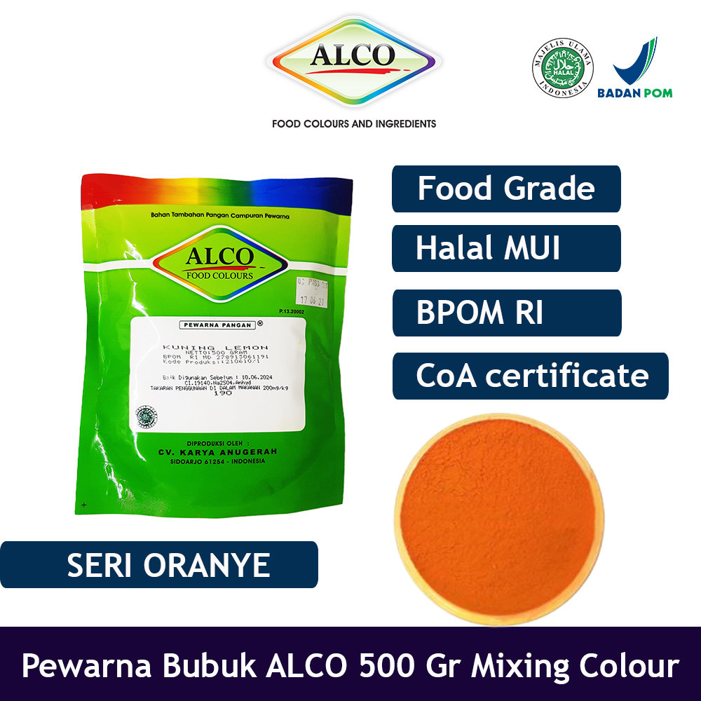 

Pewarna Makanan Kue Bubuk ALCO 500 gr Mixing Colour Warna Oranye