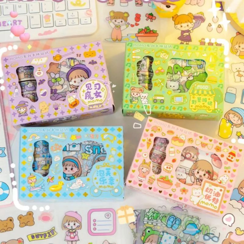 

4 Roll + 10 Lembar original kombiNasi Stiker Momo Set Box Motif Berbeda Stiker Lucu Korea Stiker Anak-anak Stiker Docor