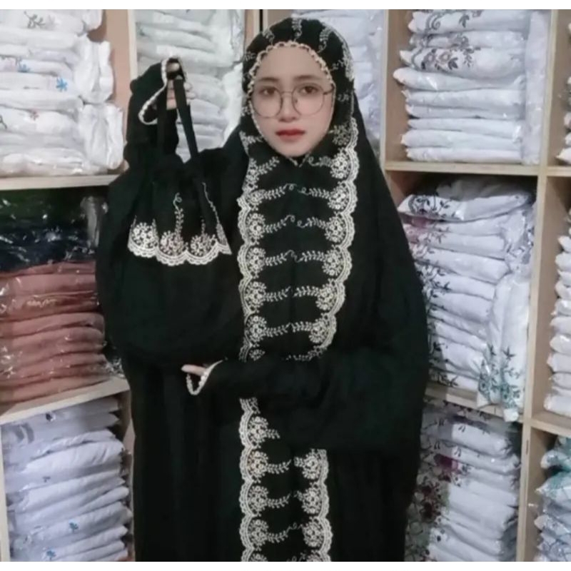 FREE TAS Mukena Dubai Arabia Hitam Terusan Lajuran Dewasa Jumbo