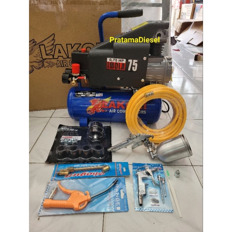 paket kompresor listrik Lakoni imola 75+spraygun f75+slang paket10mtr