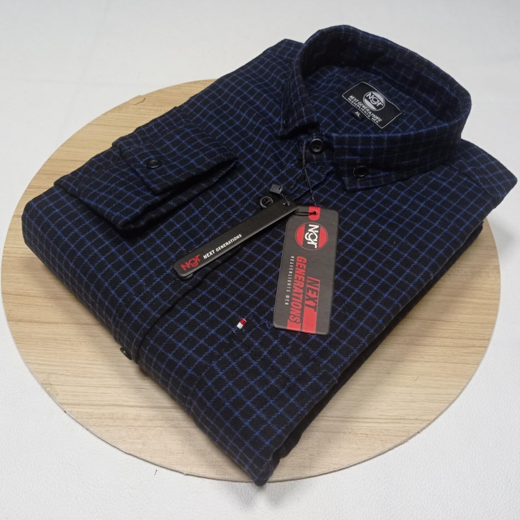 KEMEJA FLANEL PRIA LENGAN PANJANG DISTRO KEMEJA FLANEL COWOK KOTAK KECIL HITAM GARIS BIRU