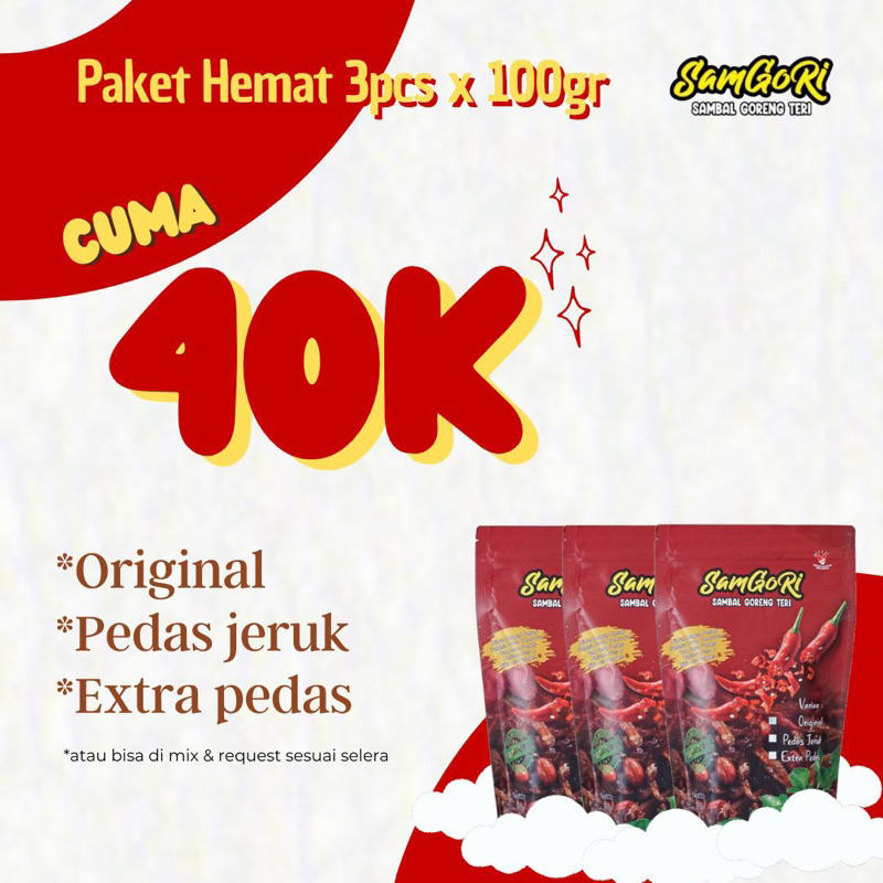 

PAKET HEMAT 3pcs x 100gr Samgori Mantap rasa Original | Pedas Jeruk | Extra Pedes | Sambal Goreng Kering Teri Malang