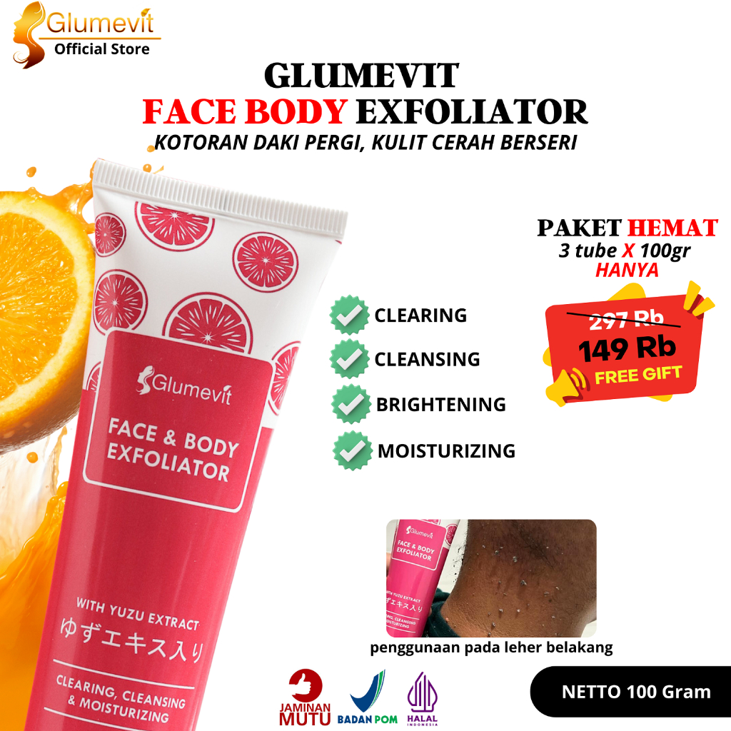 Glumevit face body exfoliator gel exfoliasi promo glumevit exfo penghilang daki perontok kotoran waj