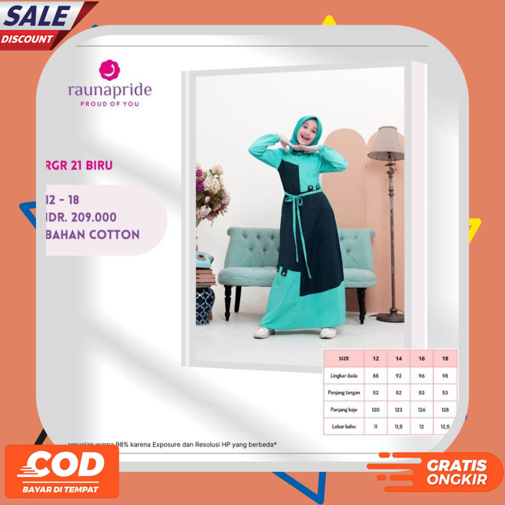 Baju Gamis Anak Remaja Perempuan Kekinian Terbaru Rauna RGR 21 Biru Bahan Cotton Fashion Muslimah