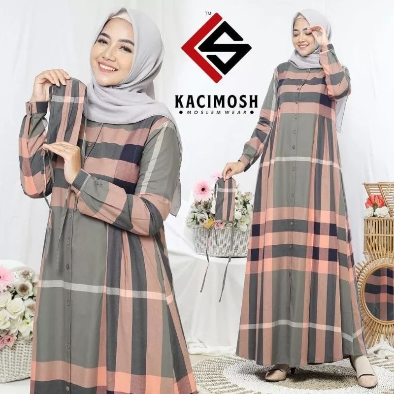 Gamis Burberry Katun Import Busui Frendly Wudhu Motif Kotak Kotak Premium Original Kacimos |Gamis Hi