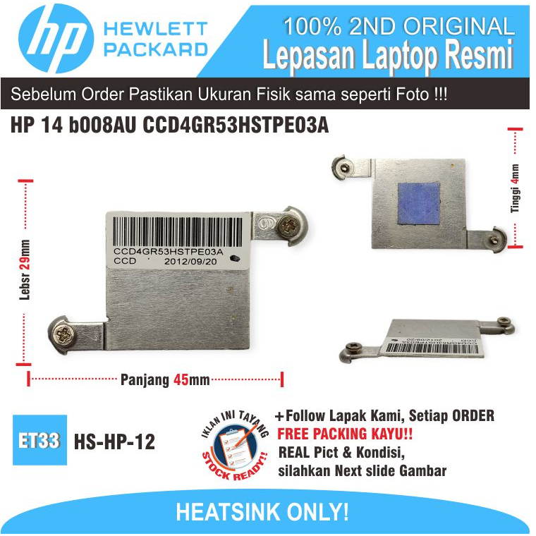 ET33 HS-HP-12 HEATSINK PENDINGIN CHIP MOBO HP 14 b008AU CCD4GR53HSTPE03A