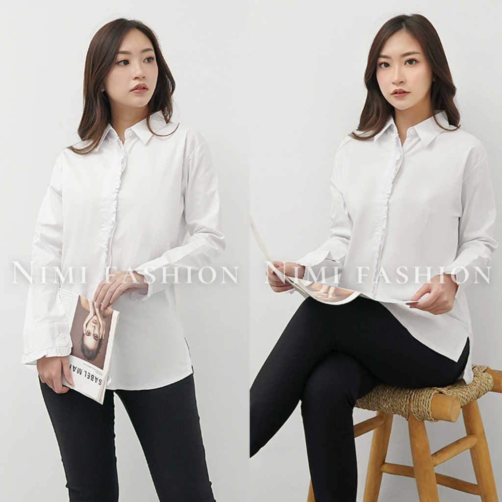 NIMI - Kemeja Putih Lengan Panjang Wanita Rempel Kecil Kancing Tutup Baju Putih Kerja Kantor Wanita