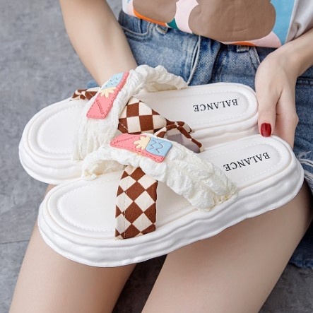 COD Sandal Slop Wanita Jelly Import Motif Kain Mutiara Bahan Lentur anti slip