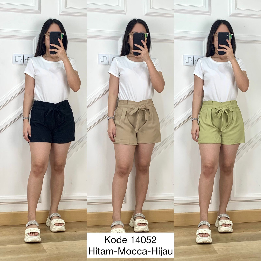 14052 CELANA PENDEK RIPPED HP TALI DEPAN YUJINGXIN FULL KARET BELAKANG CELANA BASIC CASUAL WANITA MO