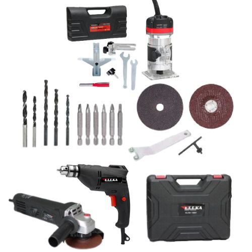 Paket Box Lengkap Mesin Profil router Kayu + Mesin Bor kayu dan Besi 10mm + Mesin Gerinda 4 inch Ful