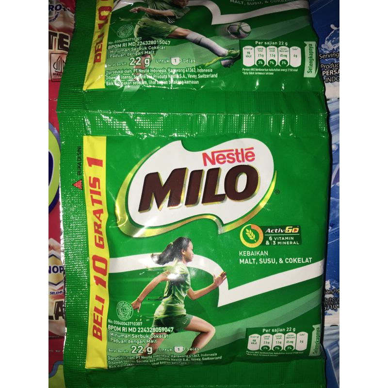 

MILO minuman susu bubuk coklat 22gr 1 renceng isi 10 gratis 1