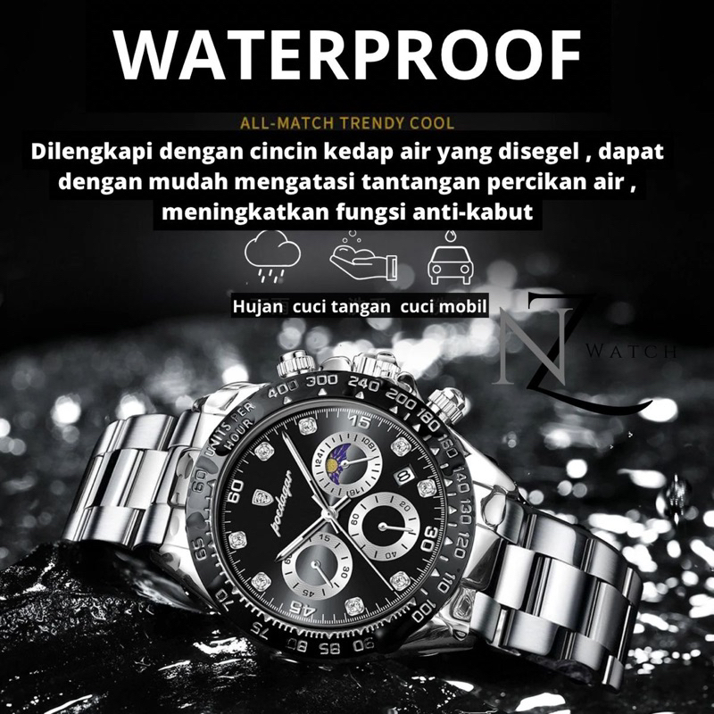 Jam Tangan Pria Anti Air Original Keren Hitam Luxury Chronograph Watch Men Multifungsi Zn006