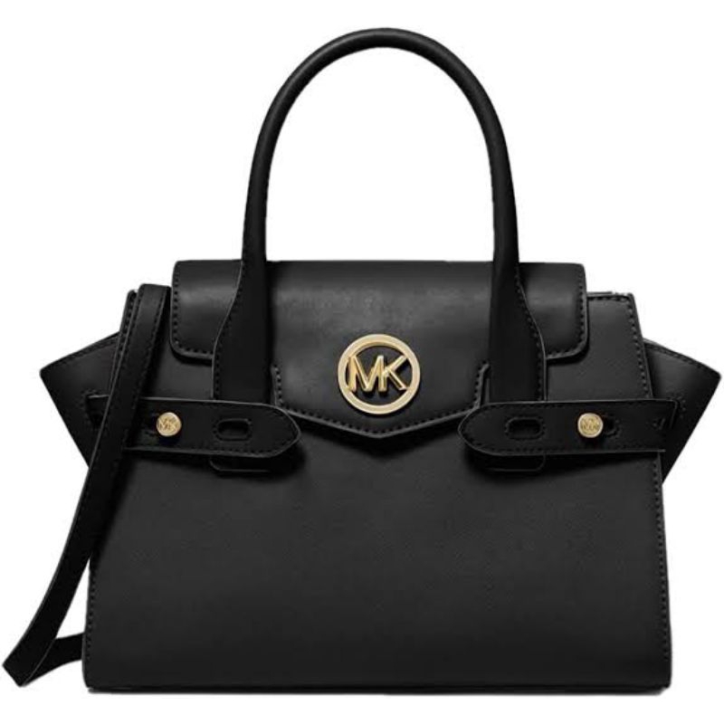 tas selempang michael kors original carmen medium flap satchel black gold hardware