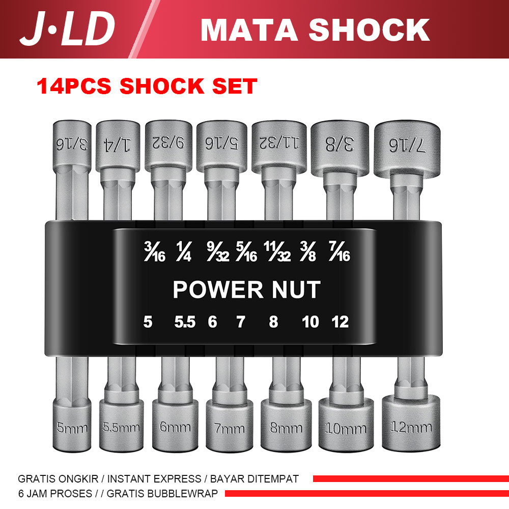 JLD Mata Shock 14pcs Hex Power Nut 5-5.5-6-7-8-10-12mm 3/16inch - 7/16inch Kunci socket set lengkap 
