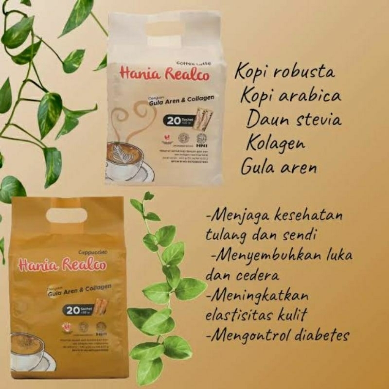 

HANIA REALCO LATTE CAPPUCINO POUCH ISI 20 SACHET CAPUCINO COFFEE KOPI STEVIA GULA AREN COLLAGEN KOLAGEN COLAGEN