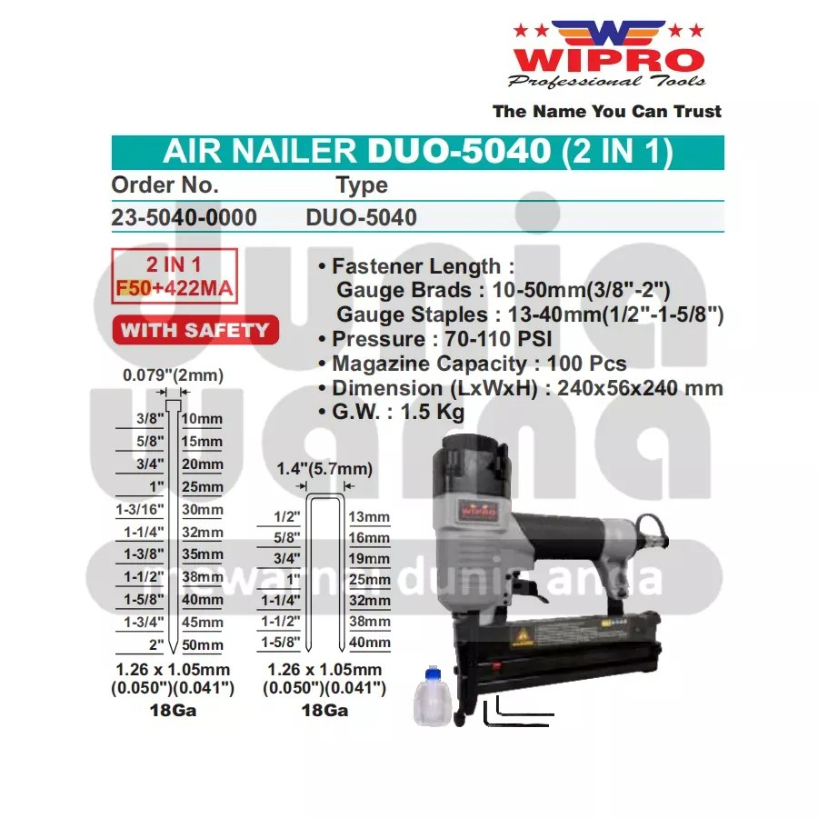 

WIPRO DUO 5040/F50 Air Nailer 2 in 1 Alat Paku & Staples Tembak Kompresor