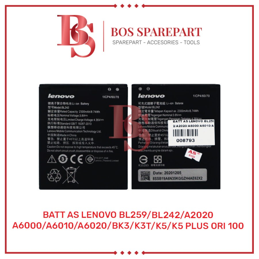 BATTERY AS LENOVO BL259 / BL242 / A2020 / A6000 / A6010 / A6020 / K5 / K5 PLUS ORI 100% / BATRE