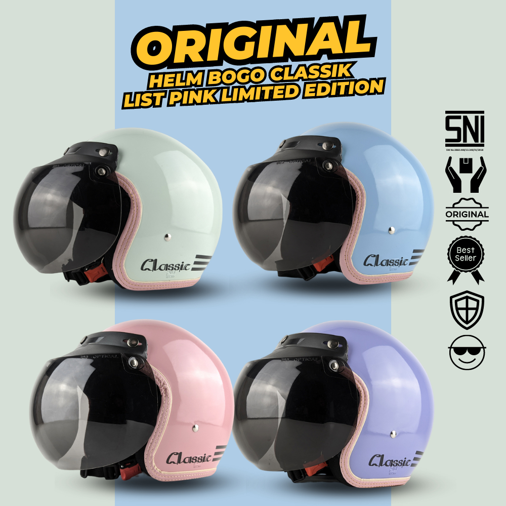 Promo BPT Helmet Helm Bogo Classic List Kulit Pink SNI Wanita Cewek Hijab Dewasa Free Kaca Cembung