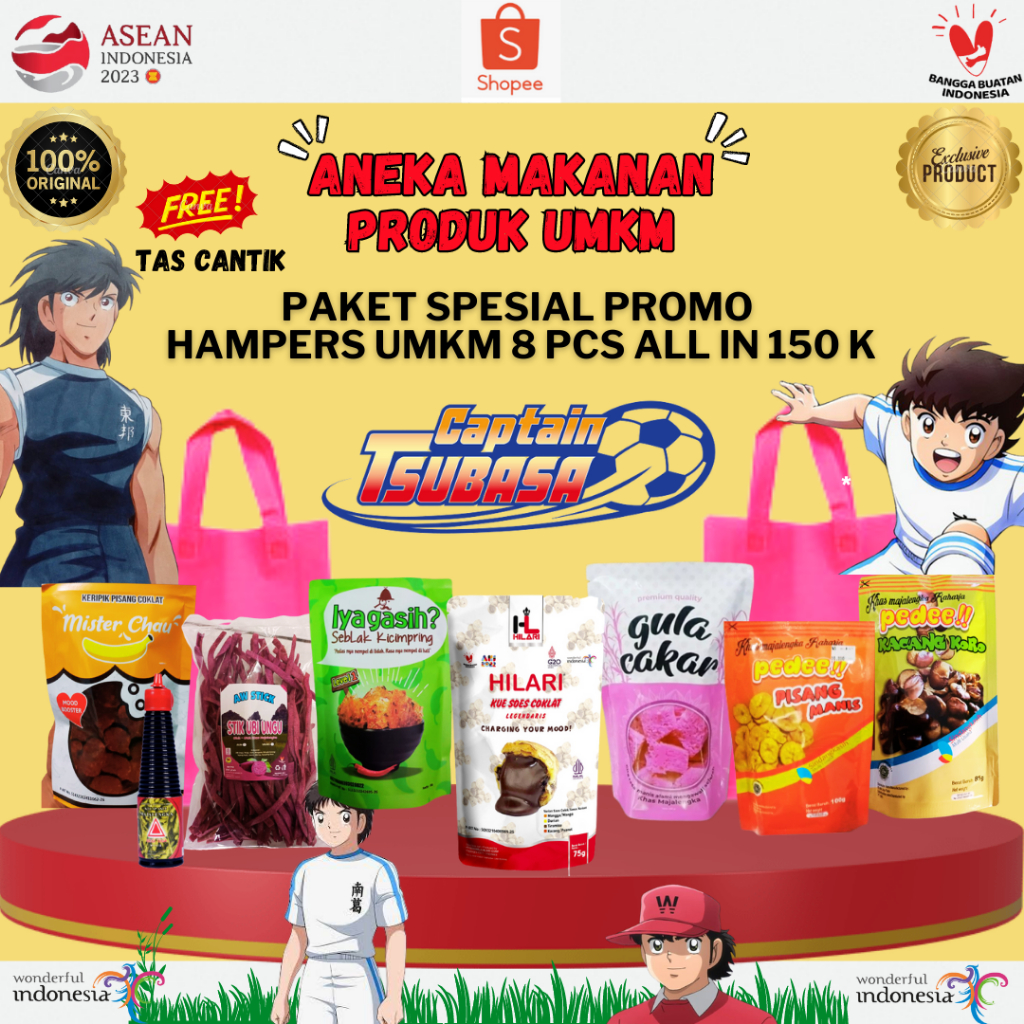 

PAKET 8 MAKANAN SPESIAL PROMO HAMPERS UMKM ALL IN 150 K FREE TAS CANTIK