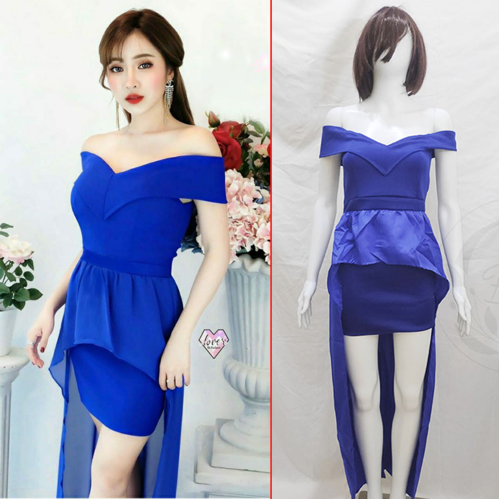 353 Dress Mini Rumbai Panjang Wanita Biru Koleksi - Gaun Wanita Kekinian Buat imlek Natal Tahun Baru