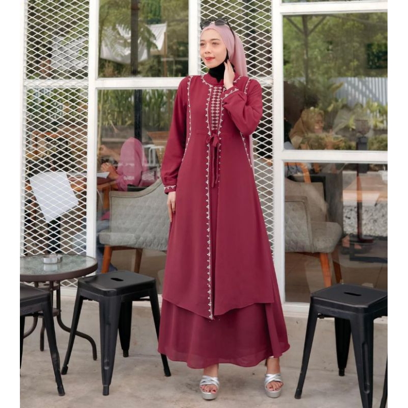 Bazargamis Dress Alya Payet Ceruty Babydoll Premium Full Furing Seragam Lebaran Gamis Mode Ibu Anak 