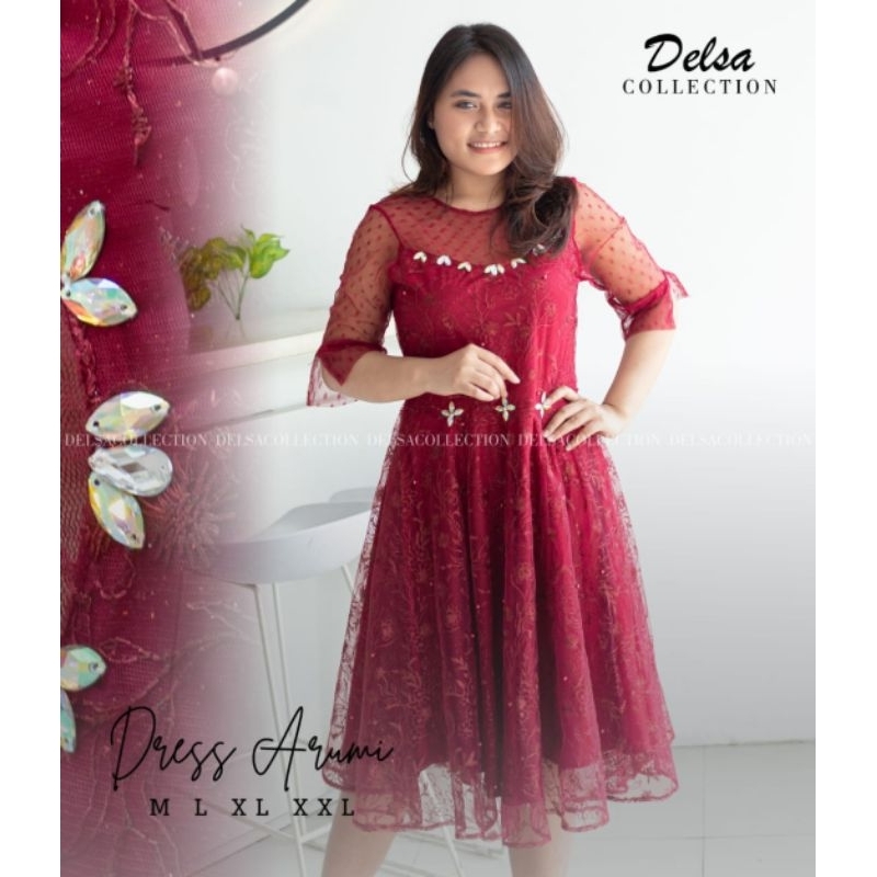 dress brokat natal arumi Delisa / dress pesta / dress pendek / dress terbaru / dress kekinian / dres