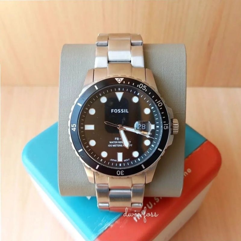 Jam F0ssi Silver Stainless Steel Black Dial Watch FS5652 Original