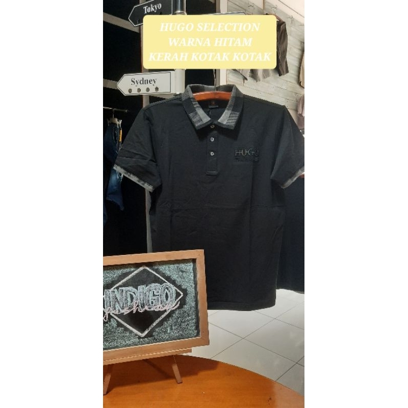 KAOS KERAH HUGO SELECTION TERBARU ☆☆ 100% ORIGINAL ☆☆ WARNA HITAM DENGAN CORAK KOTAK PADA KERAH