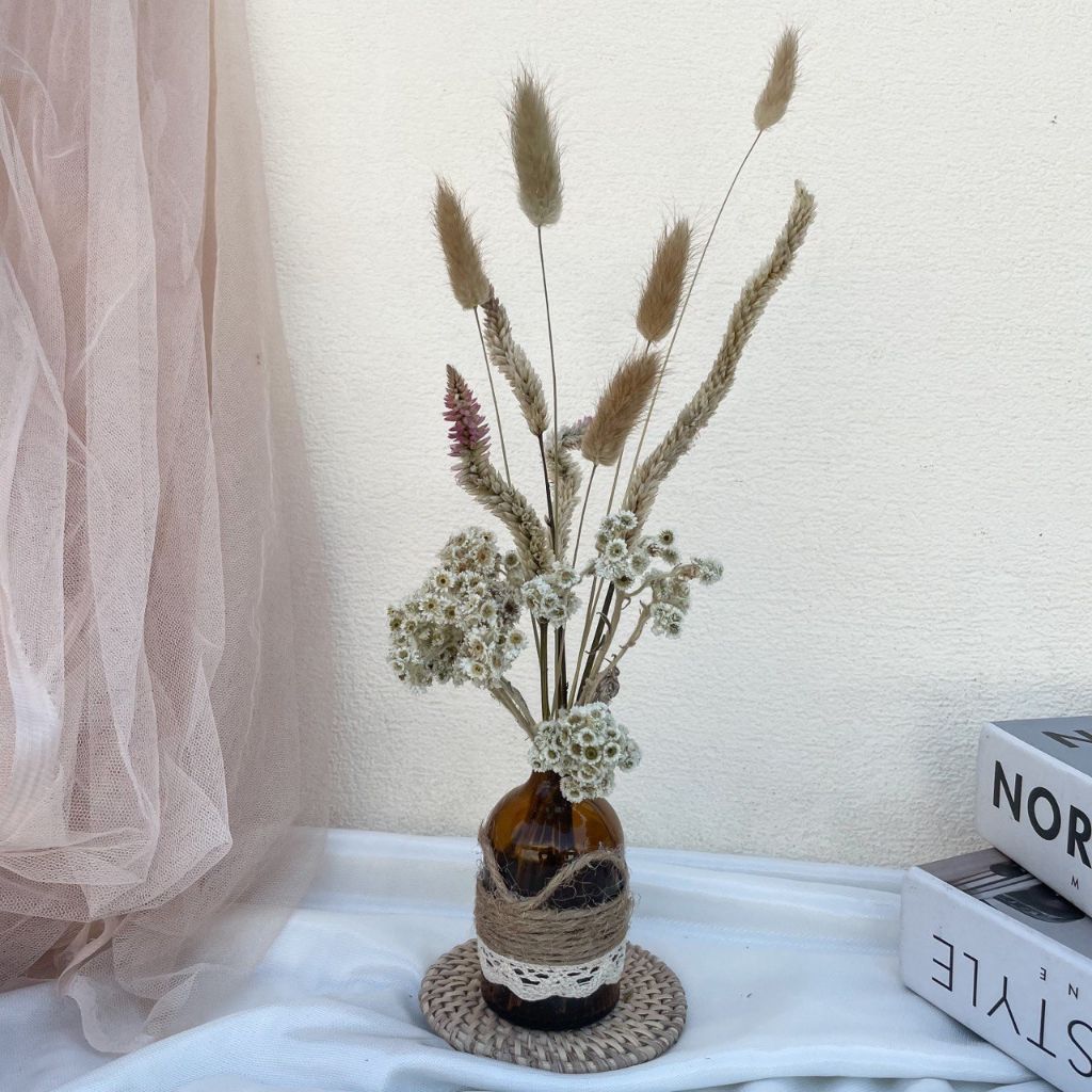 Loly set | satu set bunga dan vas | vas kaca | vas kayu | vas bunga | dried flower | bunga kering } 