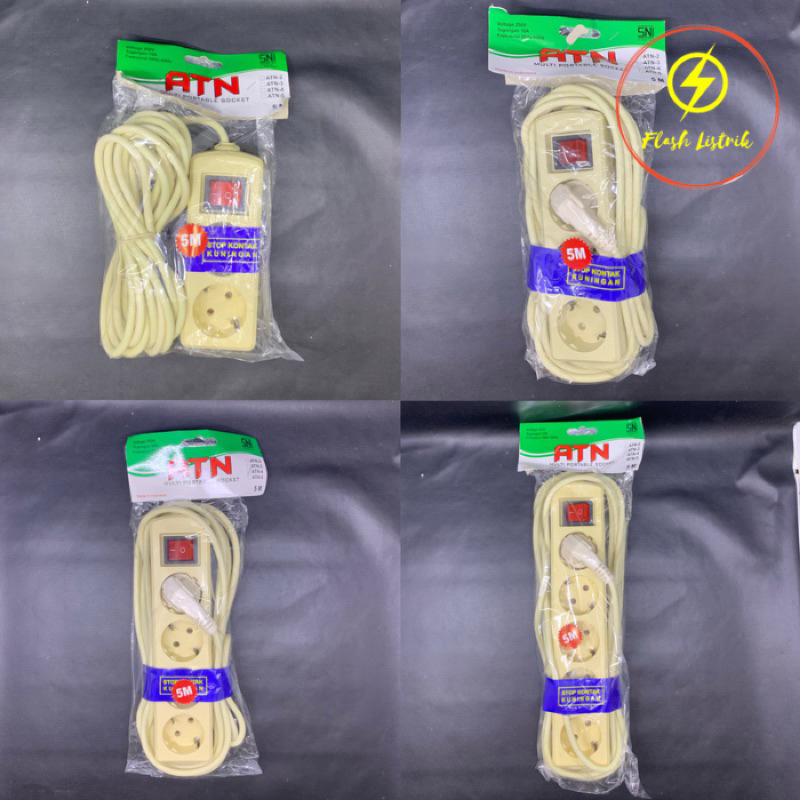 [ATN] Stop Kontak + Kabel 5 Meter + Saklar ATN 2 Lubang 3 Lubang 4 Lubang 5 Lubang Colokan + Kabel A