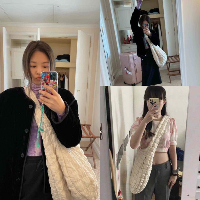 Jennie Big Puffy Quilted Bag in Ivory and white | Tas cloud soft snug ala jennie blackpink