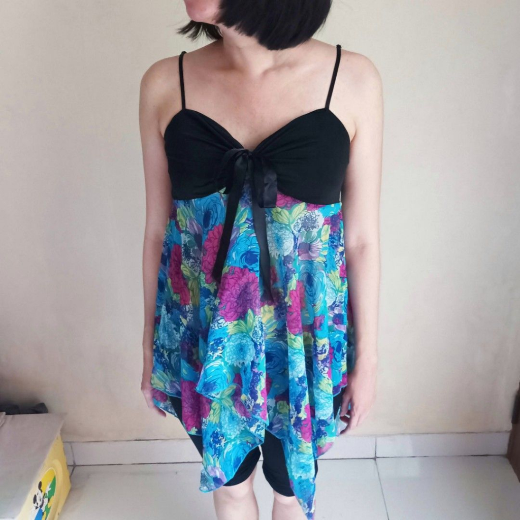 Atasan Tank Top Chiffon Cavalier Floral Flower Bunga Biru