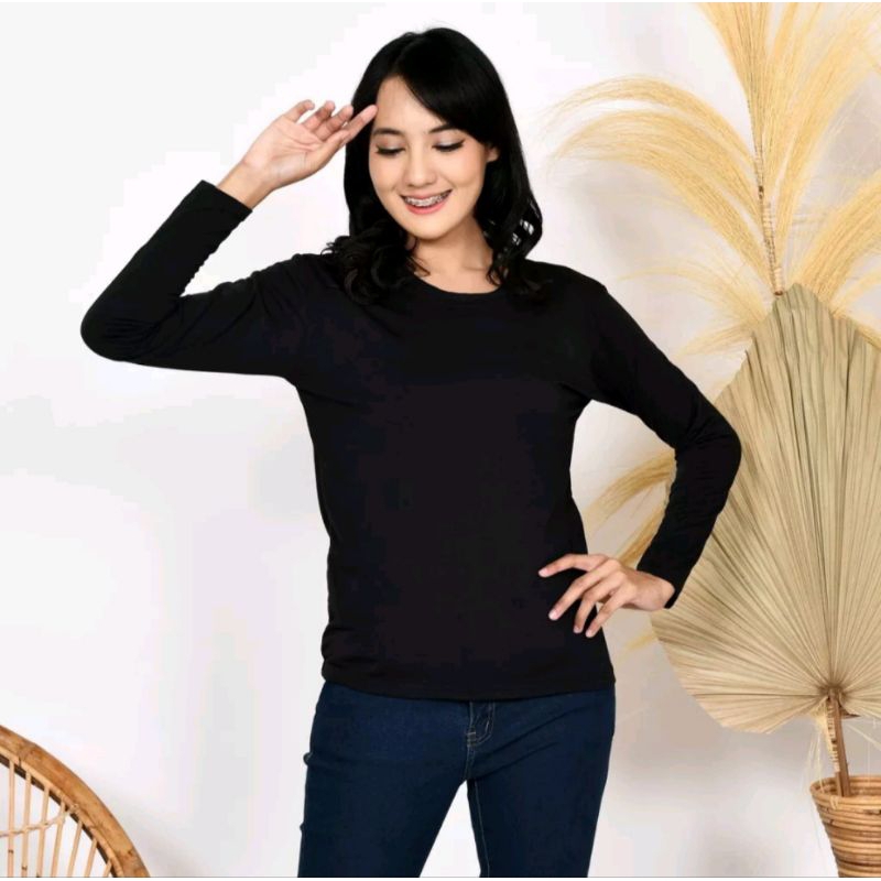 Kaos Polos Wanita Lengan Panjang 0-Neck Spandek Premium Tebal / Size L / XL / XXL - Hitam
