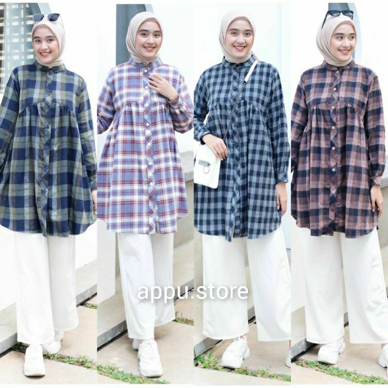 Hijab Sisters Stevi Tunik / Baju Atasan Tunik Wanita Kekinian Jumbo Flanel Premium Motif Kotak Kotak