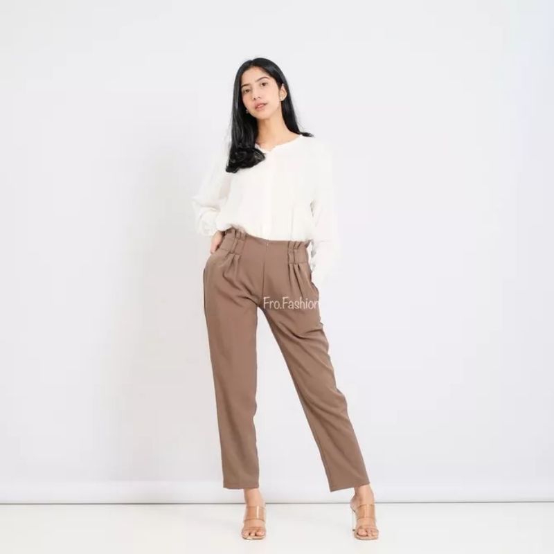 Celana Panjang Kain Formal Wanita Kerja Kantor Jumbo Pinggang Karet Rampel