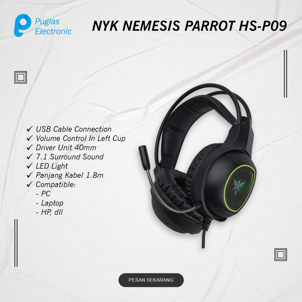 Headset Gaming NYK Nemesis Parrot HS-P09 USB Headphone Komputer PC HP Laptop
