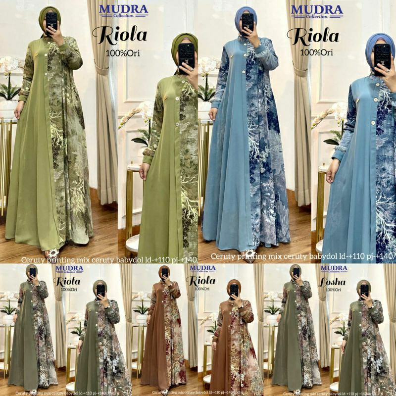 RIOLA gamis maxy premium dress**bahan ceruty printing mix ceruty babydoll*by Mudra collection