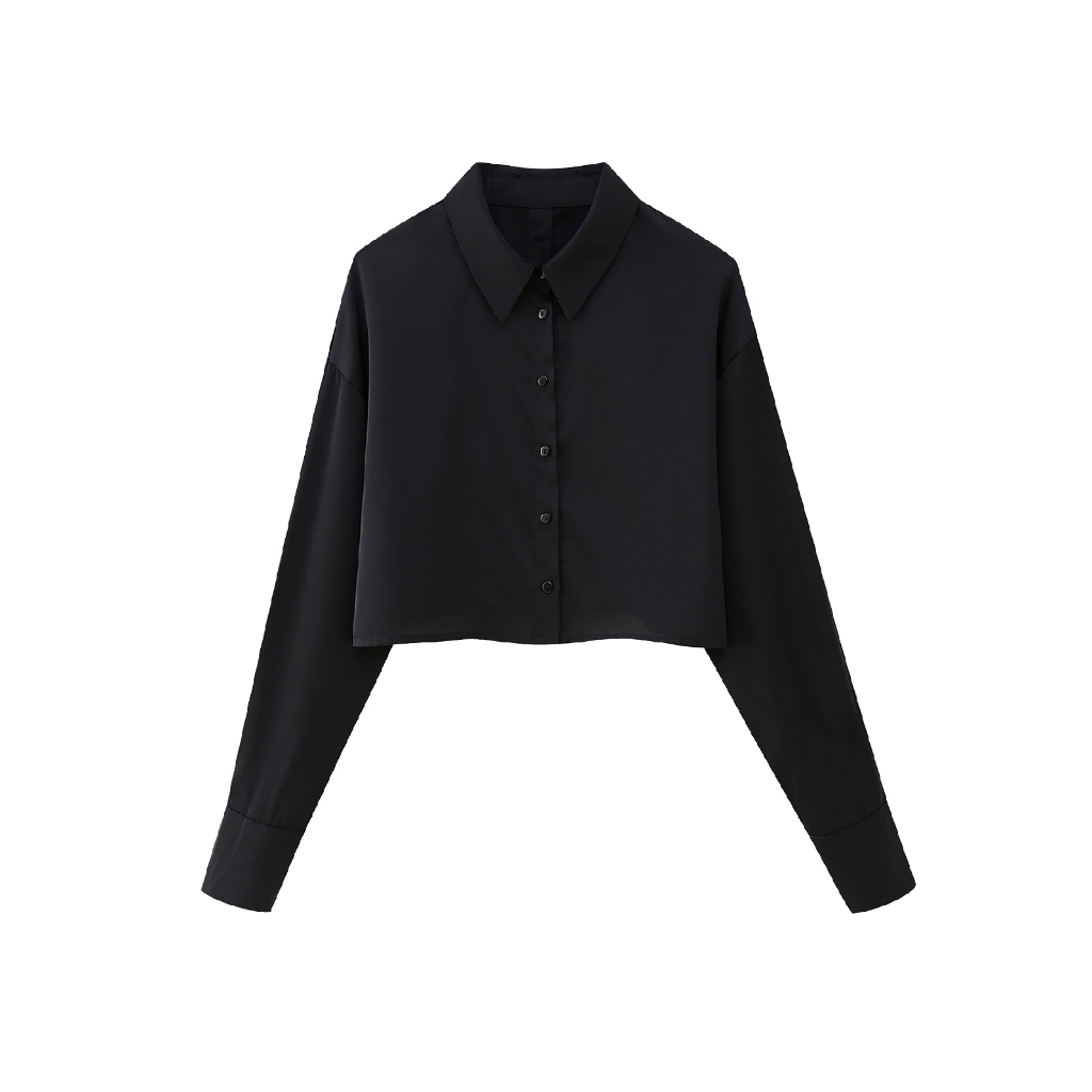 Kemeja Wanita Polos Model Crop Lengan Panjang Warna Hitam Korea Black Cropped Shirt