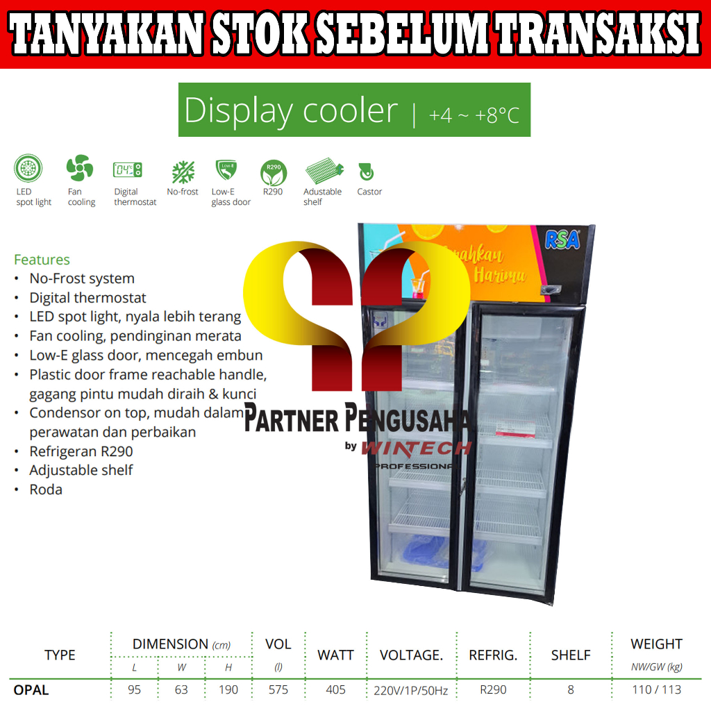RSA OPAL Showcase 2 Pintu Display Cooler Lemari Kaca Pendingin Minuman