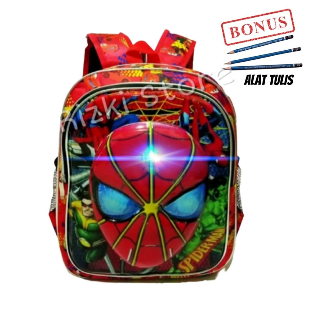 Ransel spiderman Free pensil Tas Sekolah LED 3 Dimensi Anak Laki - Laki Backpack pria kantong gendon