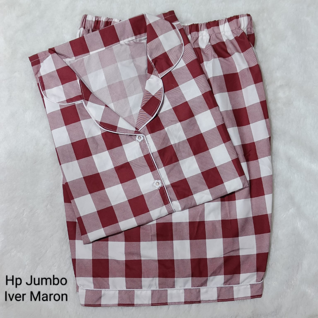 Piyama HP Wanita Motif Kotak - Setelan Baju Tidur Jumbo Lengan Pendek Celana Pendek Bahan Katun