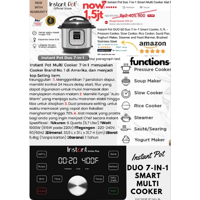 instant pot 7 in 1 dan 9 in 1 multi cooker with pressure cooker