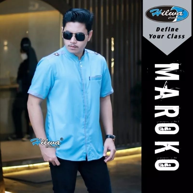 HILWA BIRU WARDAH Kemeja baju koko pria dewasa lengan pendek original Hilwa Collection motif maroko 