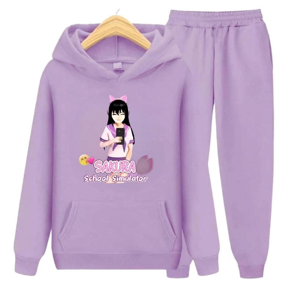 Setelan Sweater Hoodie Anak Perempuan Motif Sakura Selfie Umur 6 Tahun - 12 Tahun Sweater Hoodie Set