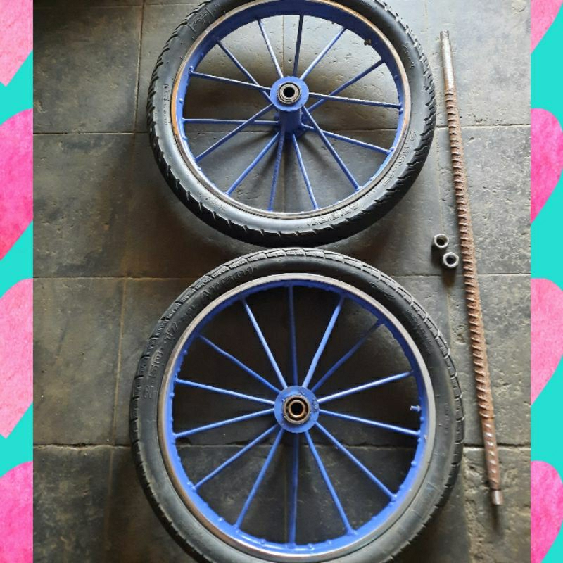 Roda Gerobak Ring 17/14 Ruji Polos 1 Set Lengkap As Panjang