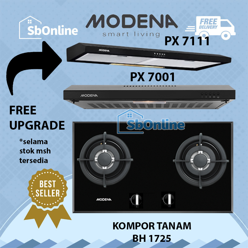 MODENA Paket Kompor Tanam 2 Tungku 70 cm dan Cooker Hood 70 cm - BH 1725 & PX 7001