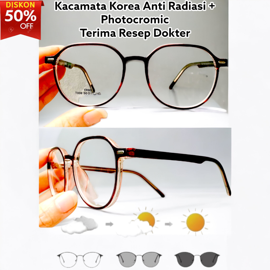Kacamata Fashion Korea Wanita Pria Lensa Minus Anti Radiasi Photocromic (Normal - Minus -6.00) Kacamata Minus Optik Lensa Tipis Frame Ringan Model Cateye Oval Bulat